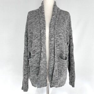 Eileen Fisher 93% Wool Slub Cardigan Sweater Moon Gray Open Front Pockets EUC